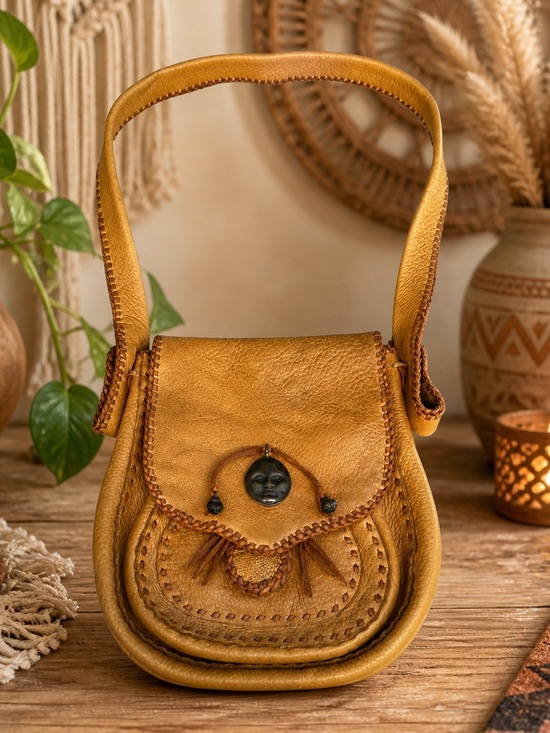 Bohemian Handbags - Vintage 70s Hippie Leather Bohemian Boho Gypsy Style Whip-Stitch Shoulder Bag